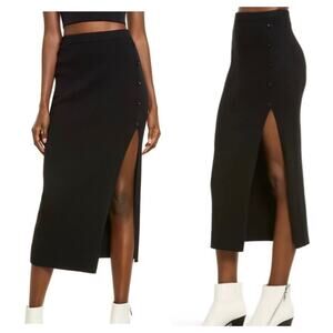 NWT Open Edit Black Ribbed Stretch Side Button Slit Knit Sweater Midi Skirt 2X